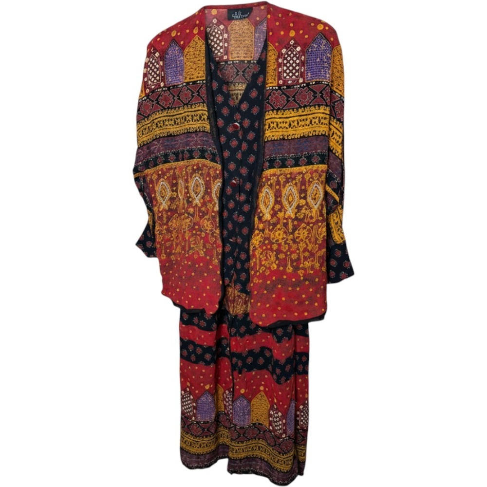 Carole Little Vintage 2 Piece Skirt Set Red Black Boho Print Midi L
